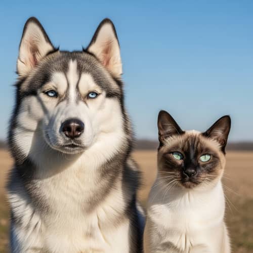 Siberian Husky and Siamese Cat: Endearing Companions in Sunny Field