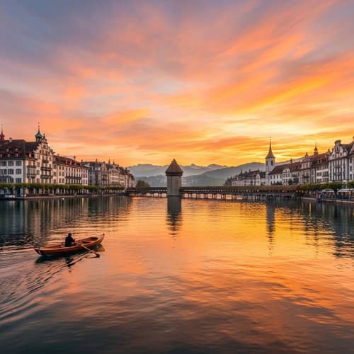 Sunrise in Lucerne: Old European Buildings Reflecting on Lake