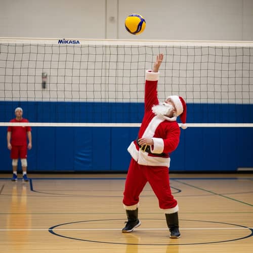 Santa Claus Playing Volleyball in Indoor Gymnasium