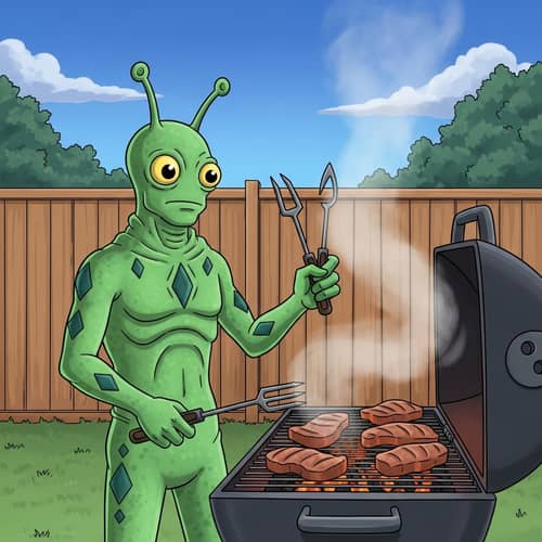 Green Alien BBQ | Fun-Filled Summer Evening Scene