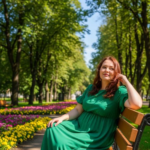 Big Woman in Green Summer Dress Relaxing in Sunlit Park