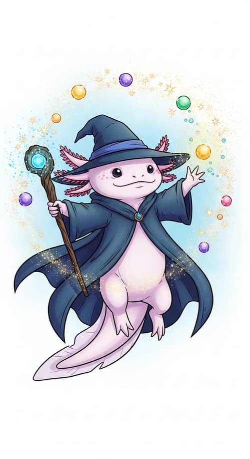 Axolotl Wizard Illustration: Enchanting Sky Soar