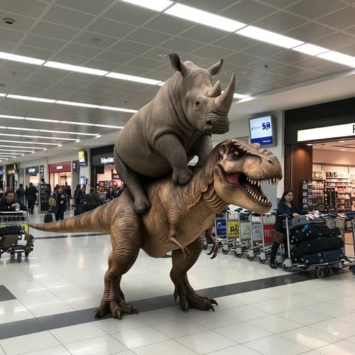 Rhino on T-Rex: A Surreal Airport Scene