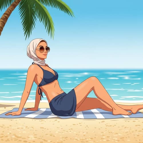 Seaside Relaxation: Young Woman in Modest Beachwear