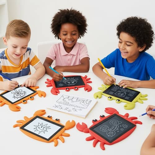 Playful Children Drawing on Crab-Shaped Tablets