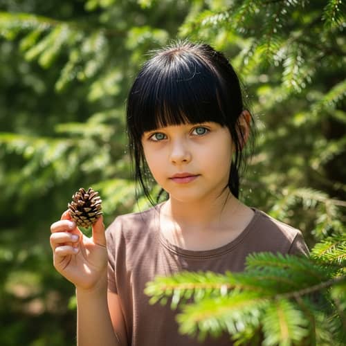 Caucasian Girl with Striking Blue Eyes and Pine Cone Amidst Lush Pine Branch Backdrop