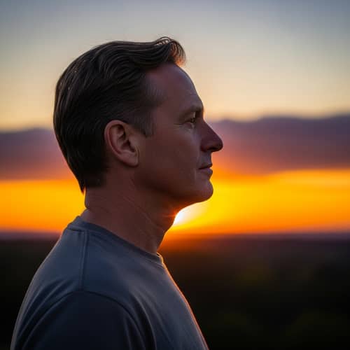 Middle-Aged Man in Sunset Profile | Tranquil Landscape View