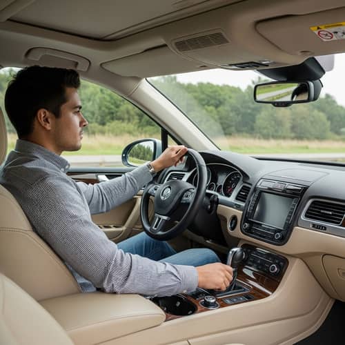 Hispanic Man Driving Volkswagen Touareg with Clean Interior