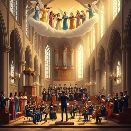 Majestic Gothic Church with Diverse Choir Singers and Angelic Orchestra