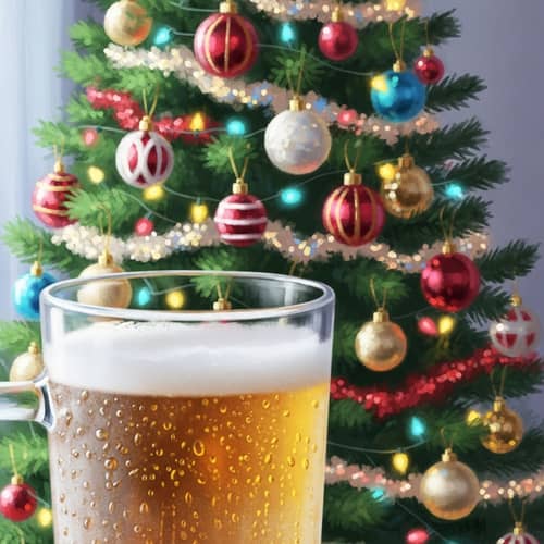 Frosty Beer Glass By Christmas Tree - Festive Holiday Scene