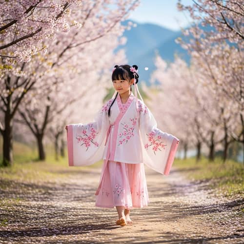 Chinese Girl Barefoot Among Cherry Blossoms