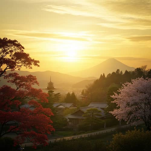 Golden Sunsets in Japan - Tranquil Village with Mount Fuji View