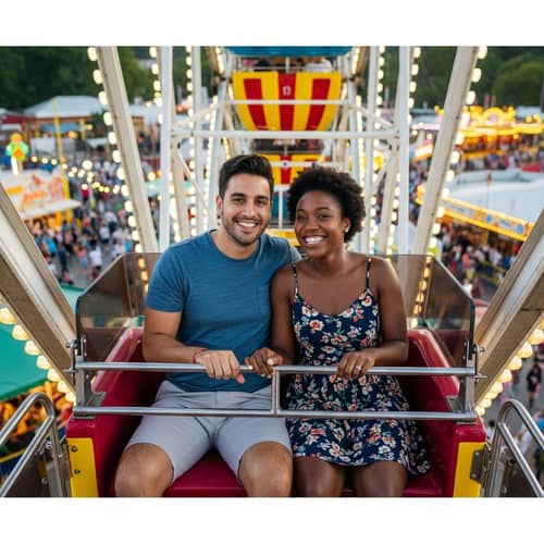 Diverse Couple Enjoying Ferris Wheel Ride at Amusement Park