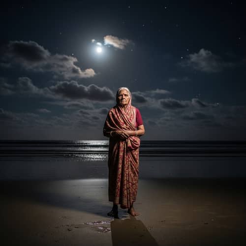 Eerie Elderly Woman on Moonlit Night Beach