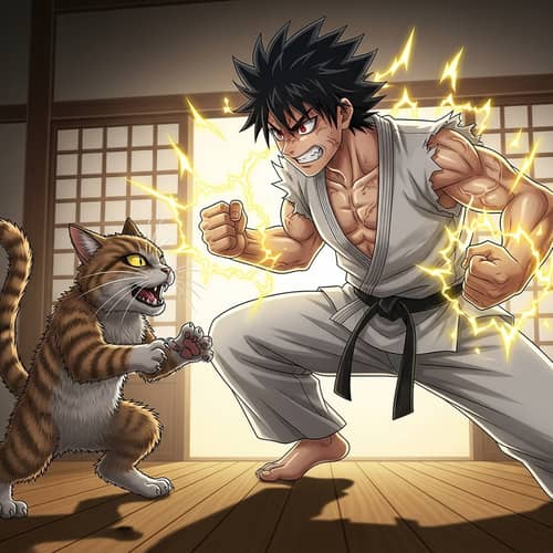 Cat vs. Anime Character: Intense Combat Scene