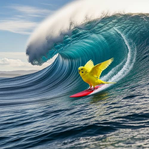 Yellow Parakeet Surfing on Red Surfboard Against Giant Wave