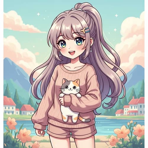 Beautiful Anime Girl Holding Cat Plushie | Cute Illustration