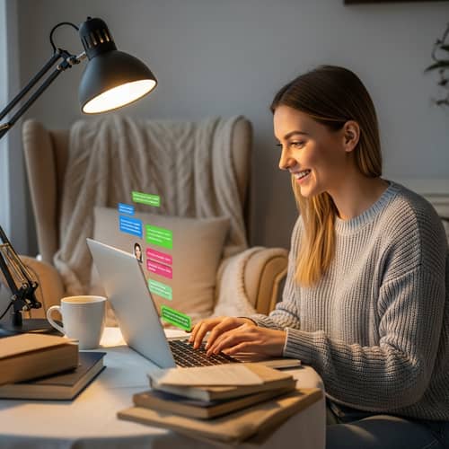 Mia's Joyful Online Chats: A Cozy Room Experience