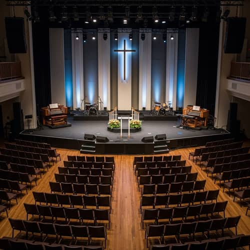 Vibrant 500 Sq Ft Stage Setup with 60 Chairs & Pulpit