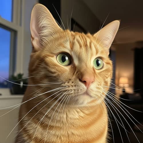 Short Bushy Orange Cat with Emerald Green Eyes in Cozy Setting