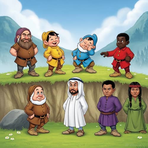 7 Unique Dwarfs: Meet the Colorful Characters in Earth-Toned, Yellow, Blue, Red, White, Purple, and Green Attire