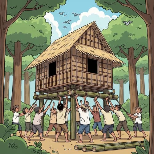 Forest Bayanihan: Villagers Placing Bamboo Poles Under House