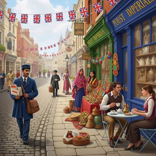 Historical Victorian Era Street Scene with British Imperialism Influence
