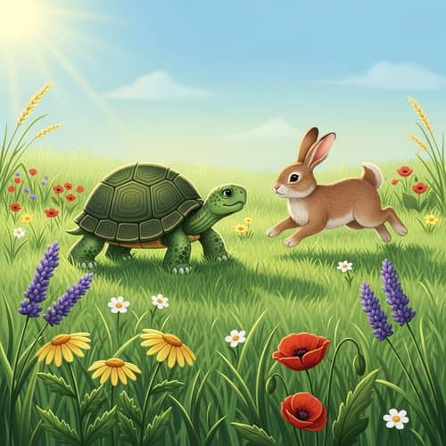 Green Turtle and Brown Rabbit Interacting in Vibrant Meadow