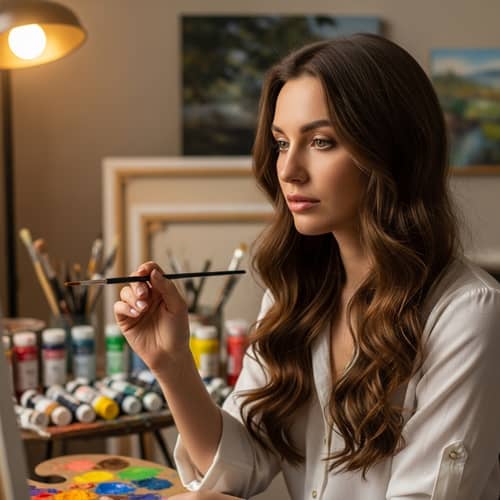 Anonymous Female Artist Painting in Vintage White Blouse