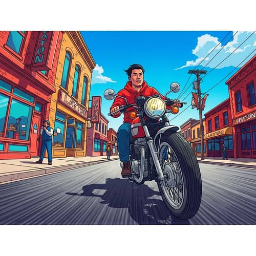 Dynamic Vintage Motorcycle Ride in Layton Utah - Comic Illustration