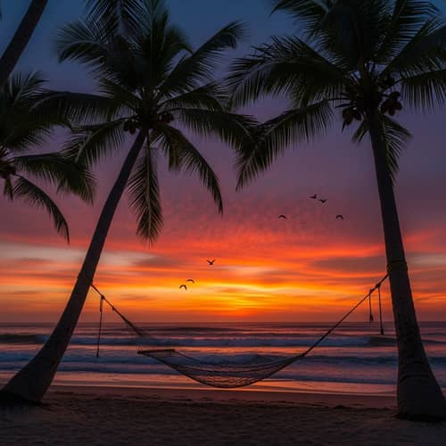 Tropical Beach Sunset: Serene Scene with Warm Colors