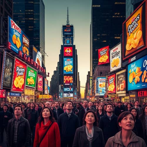 Vibrant Potato Chip Ads in Urban Cityscape - Engage Diverse Crowd