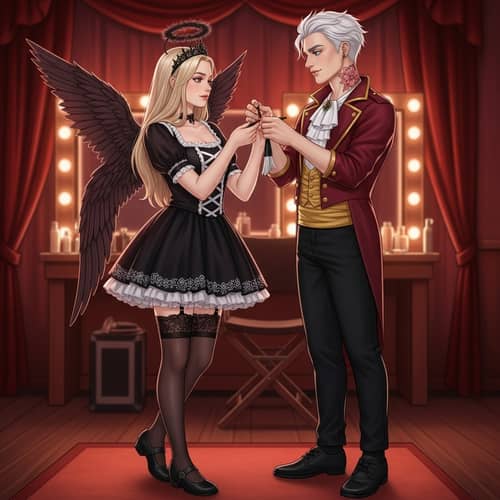 Blonde Girl and White-Haired Werewolf Prepare for Performance