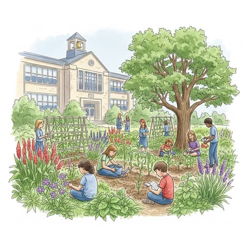 School Garden Watercolor Painting | Students Planting & Reading
