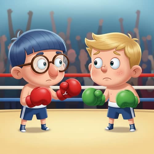 Cartoon Boys Boxing Match in Traditional Ring