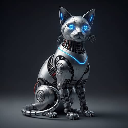 Intricate Robotic Cat: Silver Metal Body with Neon Lights