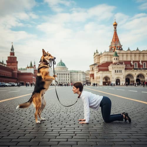 Unusual Scene in Historical Square with Dog and Human