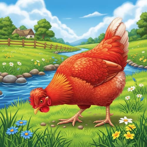 Docile Chicken in Idyllic Countryside Setting