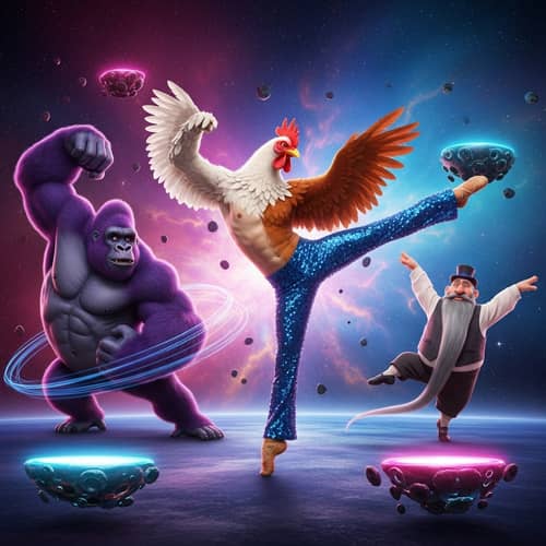 Outer Space Dance Showdown: Man-Chicken vs Purple Gorilla vs Beard Man