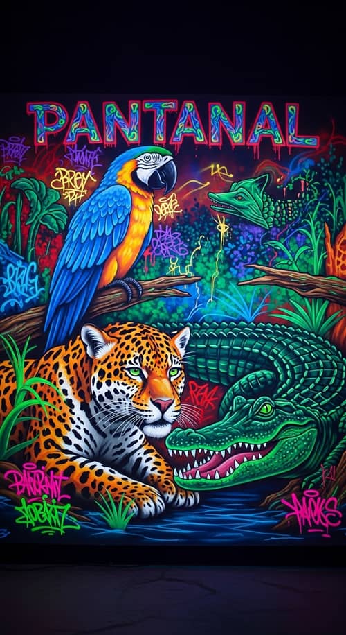 Modern Graffiti Art in Neon Colors: Pantanal Wildlife Scene