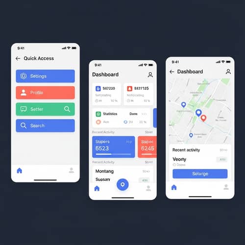 Mobile Application Interface Design: Quick Access Buttons, Dashboard, Map Section
