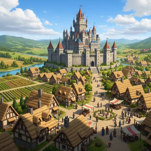 Medieval Kingdom Landscape: Castle, Villages, River & Farmers