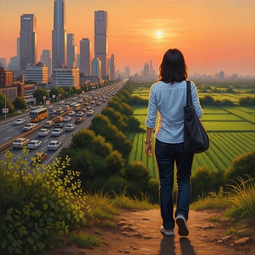 Woman Bidding Farewell to Urban Life in Oil Painting