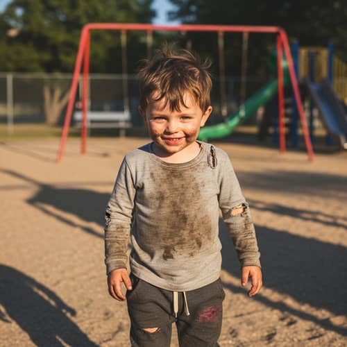 Mischievous Caucasian Boy Playing Outdoors in Tattered Clothes