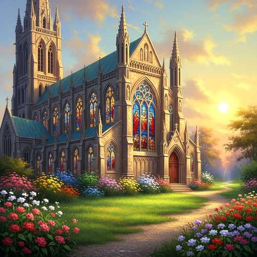 Gothic Cathedral Oil Painting | Serene Countryside Church Art