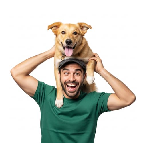 Happy Man Carrying Dog on Head