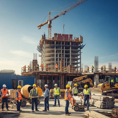Multiracial Construction Team Building Skyscraper