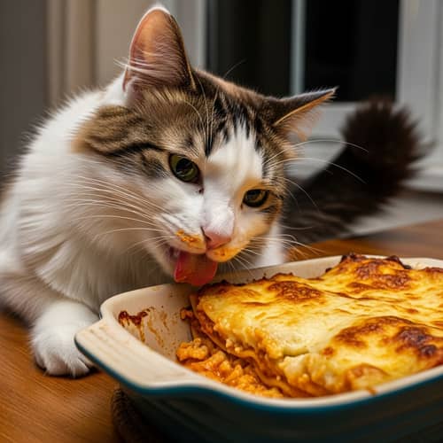 White and Brown Cat Eating Lasagna - Cute Feline Photos