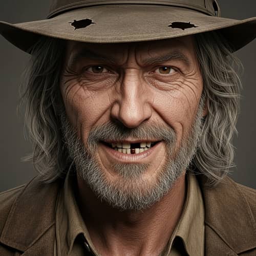 Sinister 55-Year-Old Male Portrait | Unsettling Smile & Wrinkles