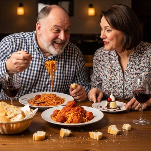 Middle-aged Couple Enjoying Generous Meal Together